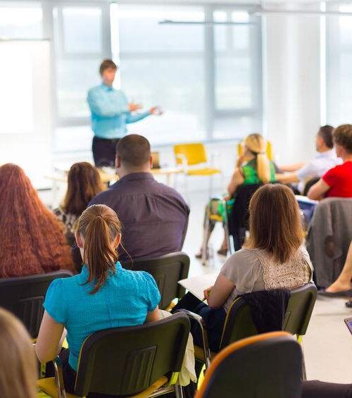 Speaker at business workshop and presentation. Audience at the conference room.